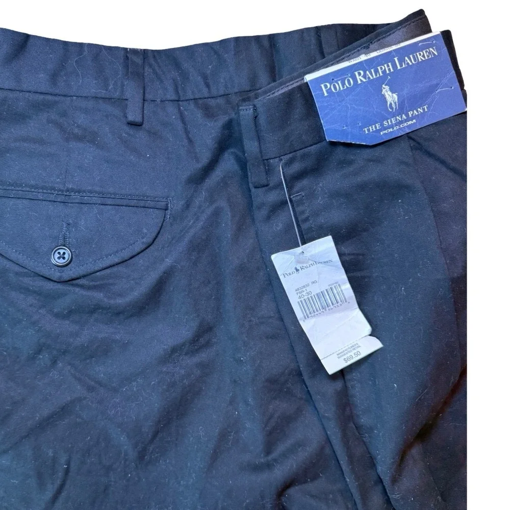 olo Ralph Lauren The Siena Pant Mens 40x30 Black Pleated Cuffed Cotton Trousers
